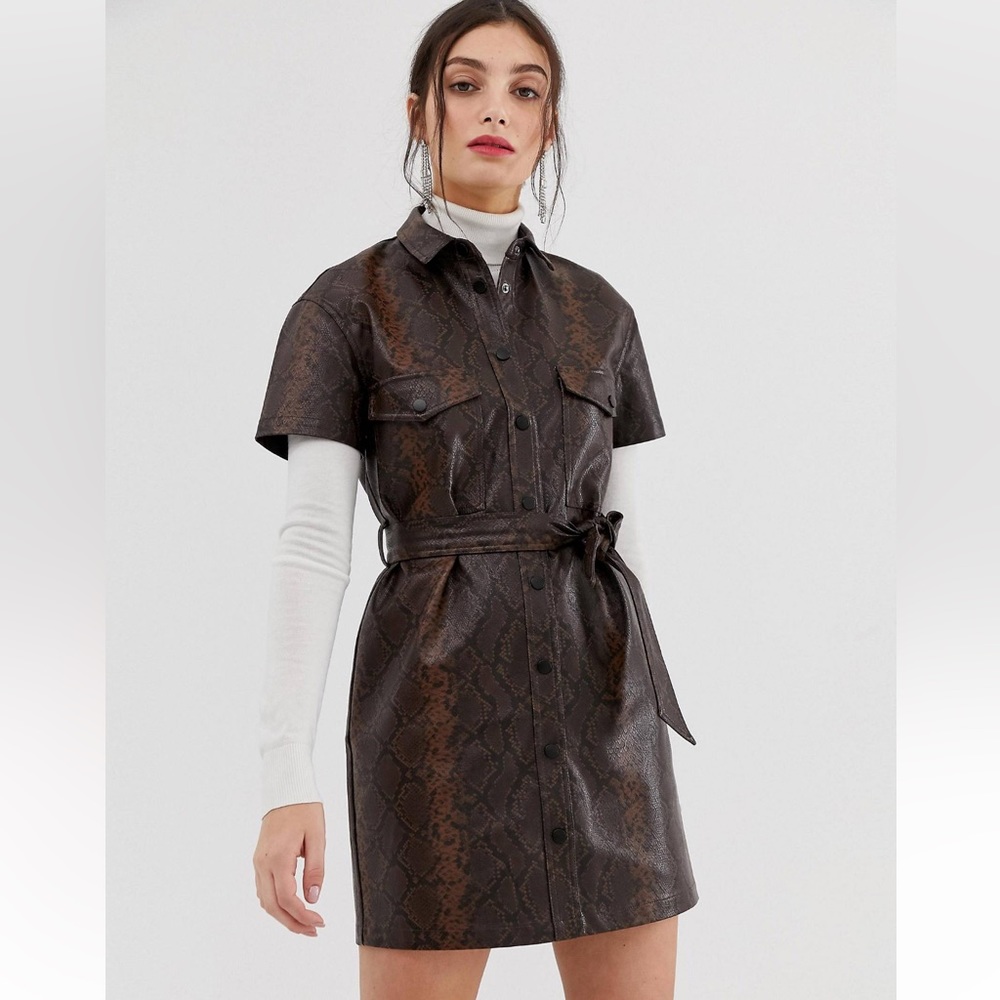 Stradivarius faux leather dress with tie waist in snake print